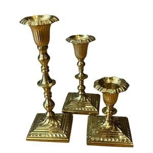 3 Hosley Solid Brass Graduated Candlesticks Lots Of Detail 7.25”, 5.5”, 3.75”